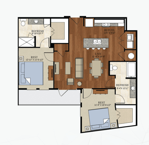 Floor plan for 2 beds, 2 baths, 1110 sqft